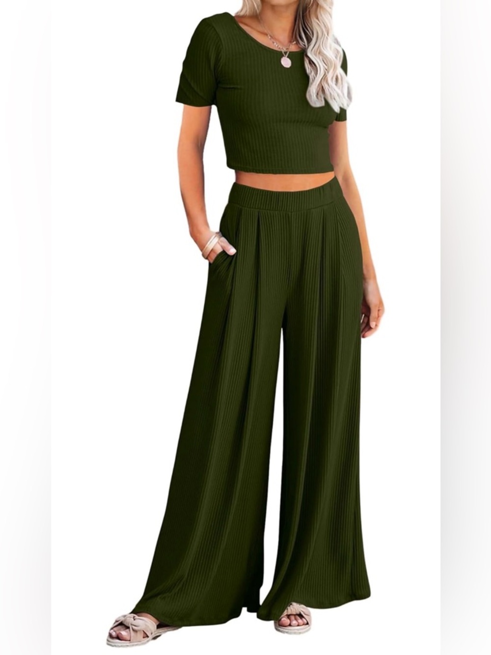 Ribbed Wide-Leg Palazzo Pants in Olive Green